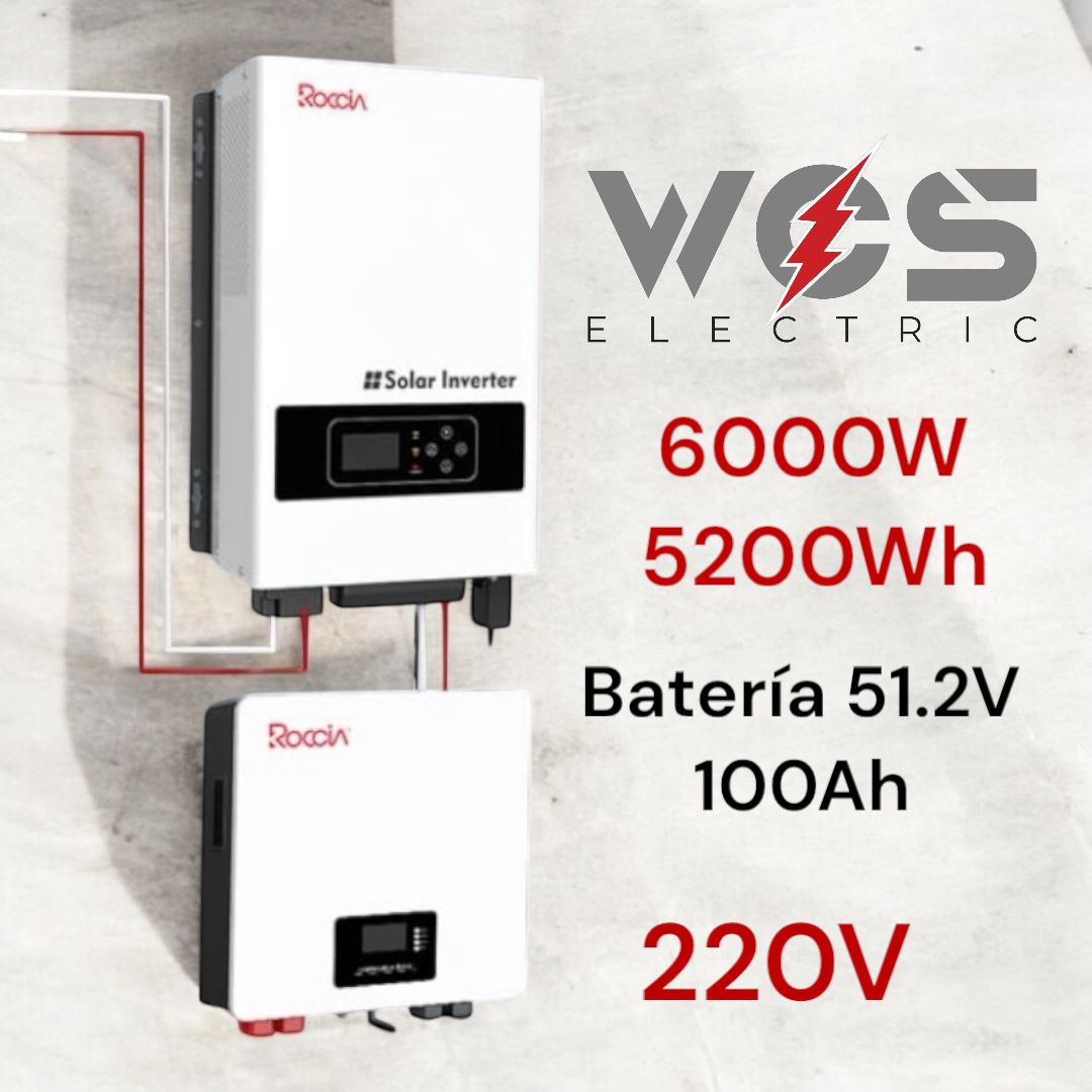 Inversor Híbrido 6000W (Solar/Red) con Potente Batería de Litio 51.2V 100Ah (5.2kWh)