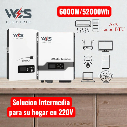 Inversor Híbrido 6000W (Solar/Red) con Potente Batería de Litio 51.2V 100Ah (5.2kWh)