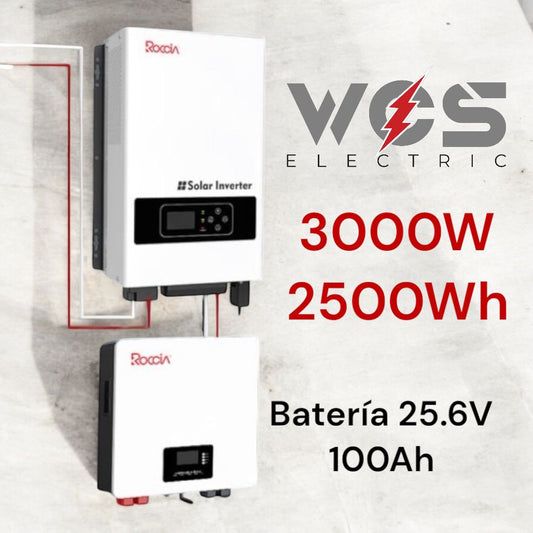 Inversor Híbrido 3000W (Solar/Red) con Batería de Litio 25.6V 100Ah (2.5kWh)