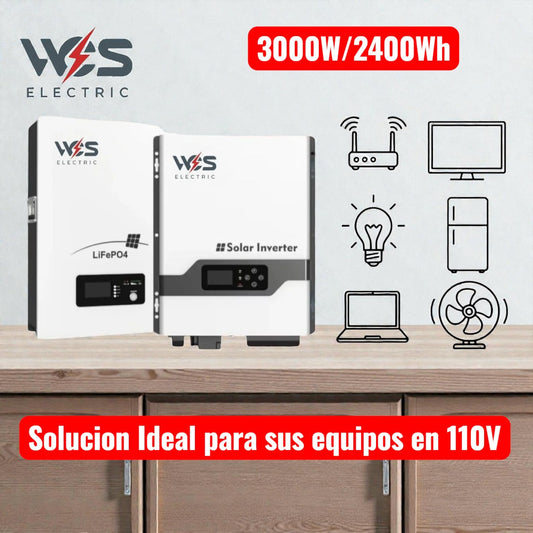 Inversor Híbrido 3000W (Solar/Red) con Batería de Litio 25.6V 100Ah (2.5kWh)